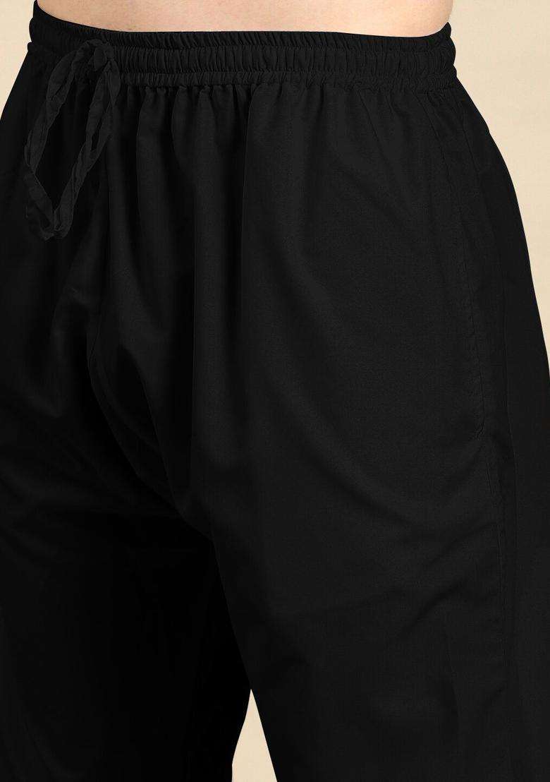 Black Solid Cotton Kurta Set For Men - Indya