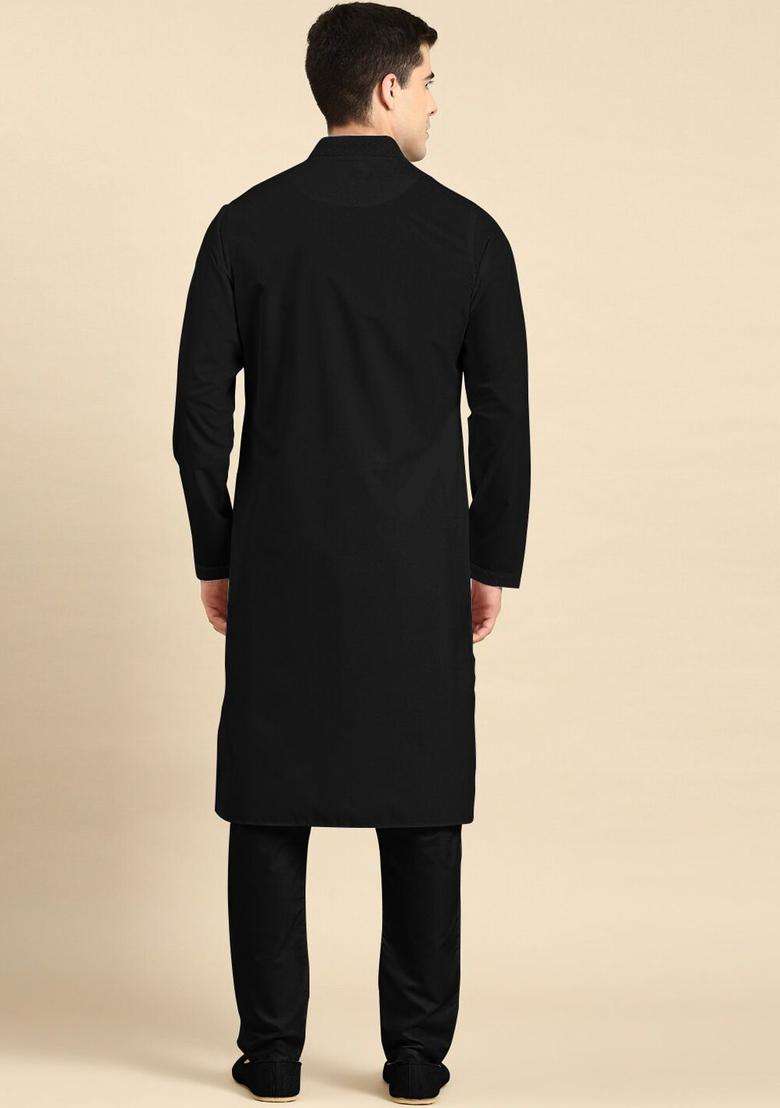 Black Solid Cotton Kurta Set For Men - Indya
