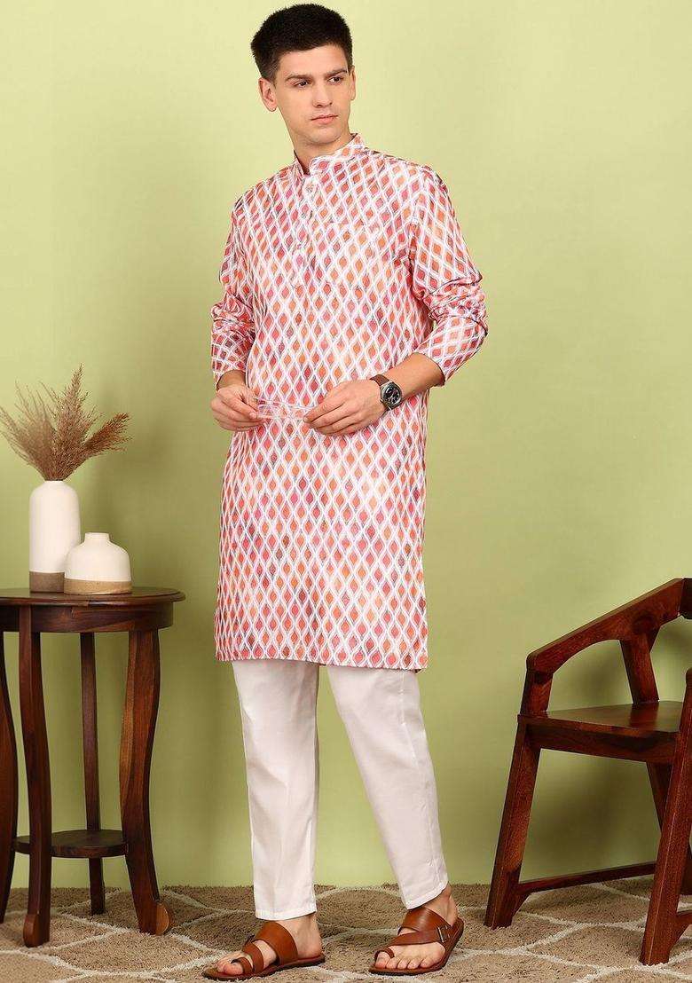 White Printed Cotton Kurta Set For Men - Indya