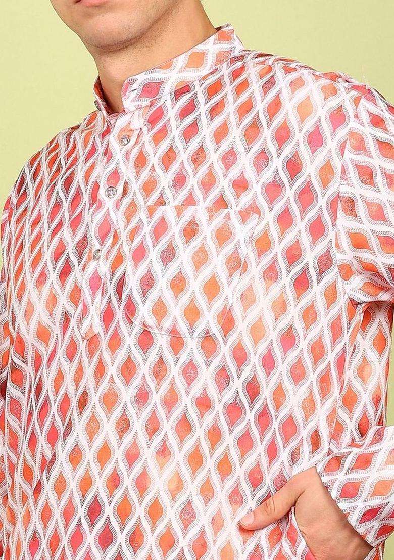 White Printed Cotton Kurta Set For Men - Indya