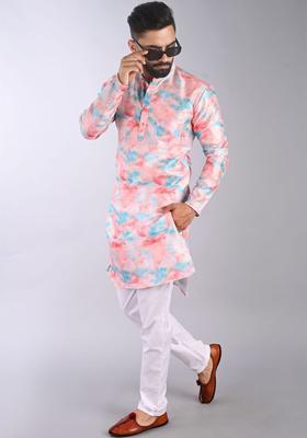 Peach Printed Cotton Kurta Set For Men