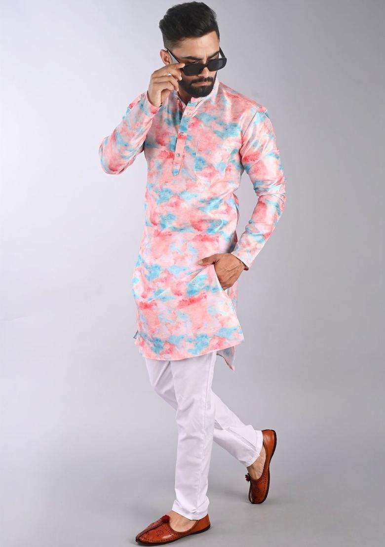 Peach Printed Cotton Kurta Set For Men - Indya