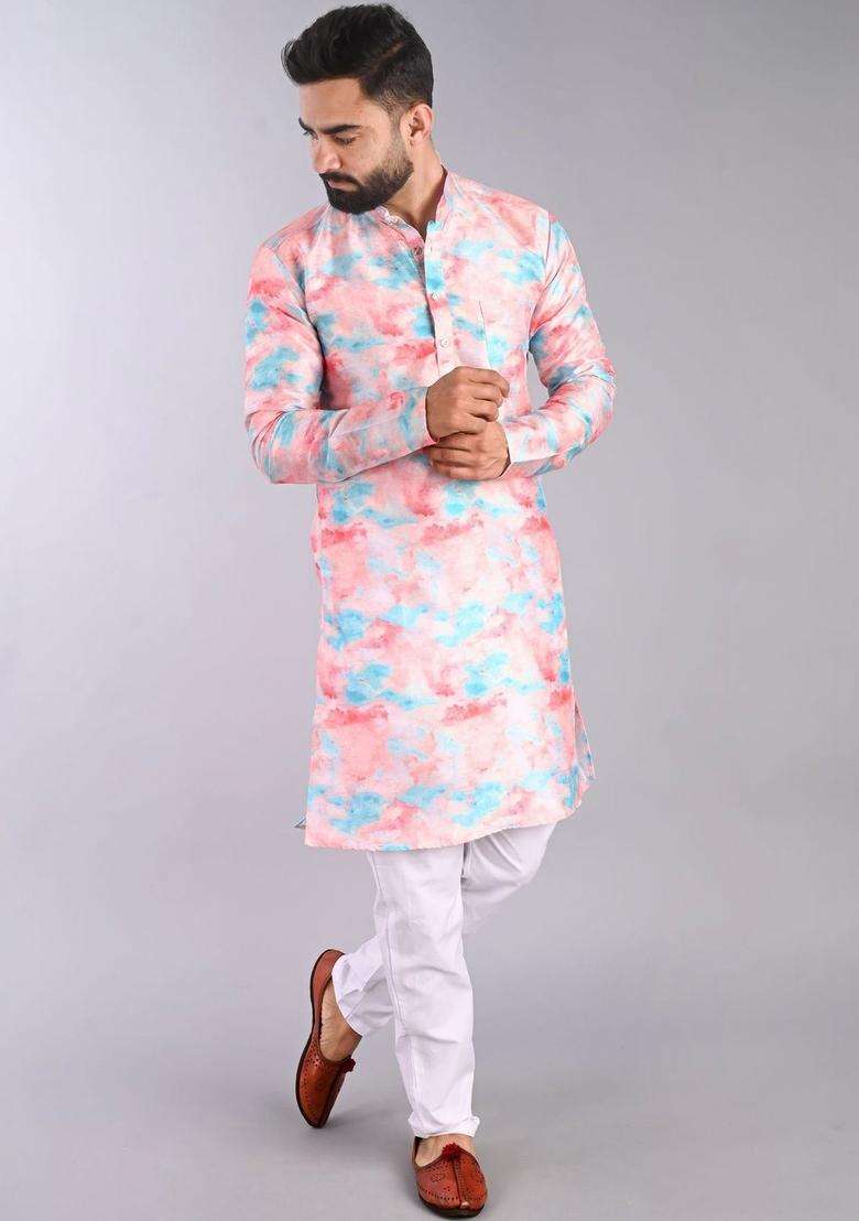 Peach Printed Cotton Kurta Set For Men - Indya