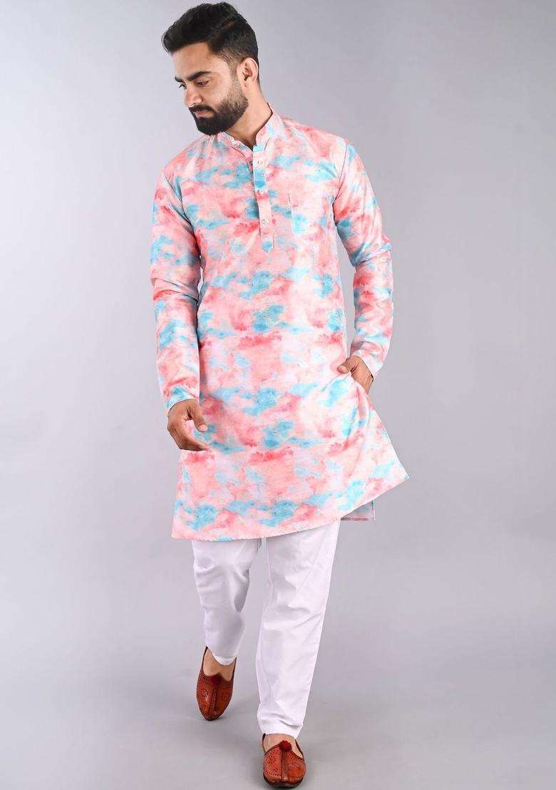 Peach Printed Cotton Kurta Set For Men - Indya