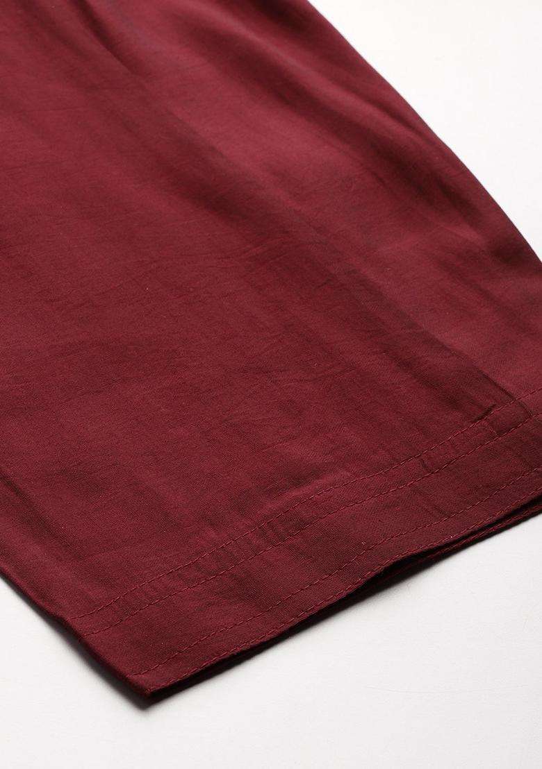 Maroon Embroidered Cotton Kurta Set For Men - Indya