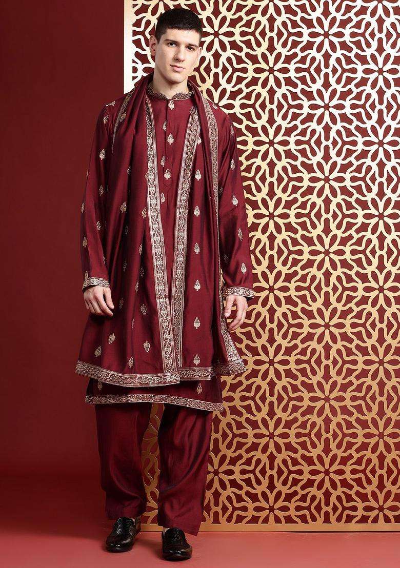 Maroon Embroidered Cotton Kurta Set For Men - Indya