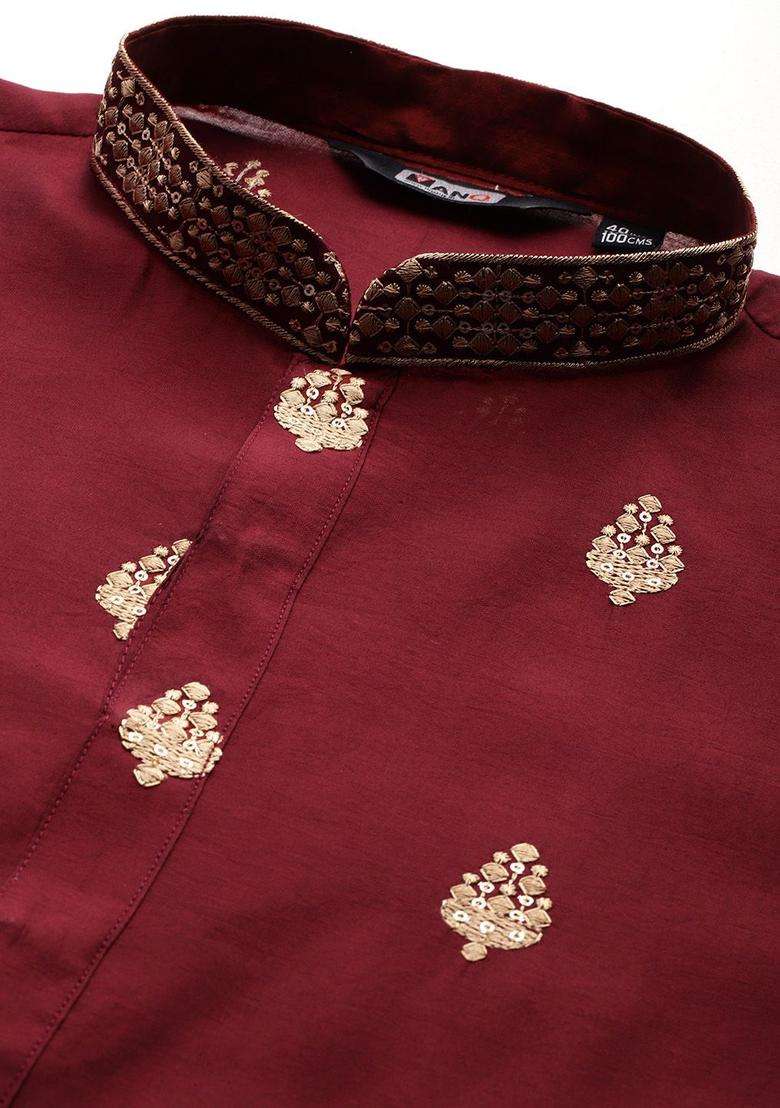 Maroon Embroidered Cotton Kurta Set For Men - Indya