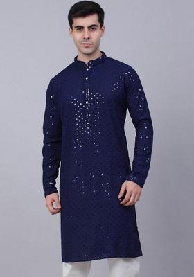 Navy Blue Embroidered Polyester Kurta Set For Men