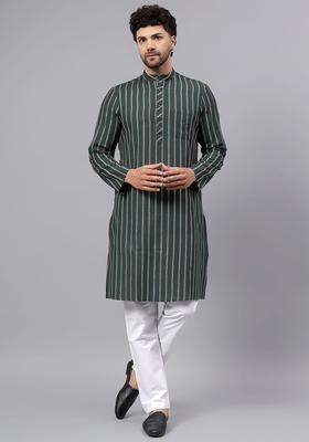 Green Striped Cotton Kurta Set For Men