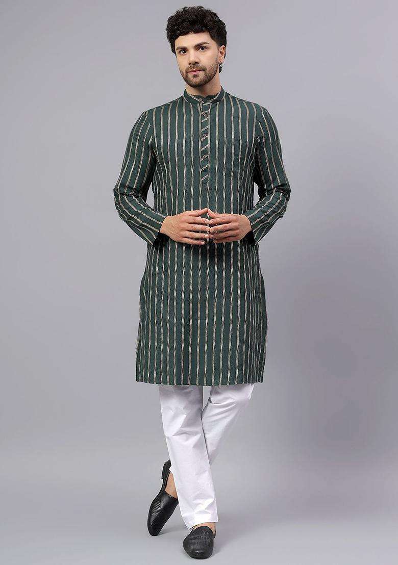 Green Striped Cotton Kurta Set For Men - Indya