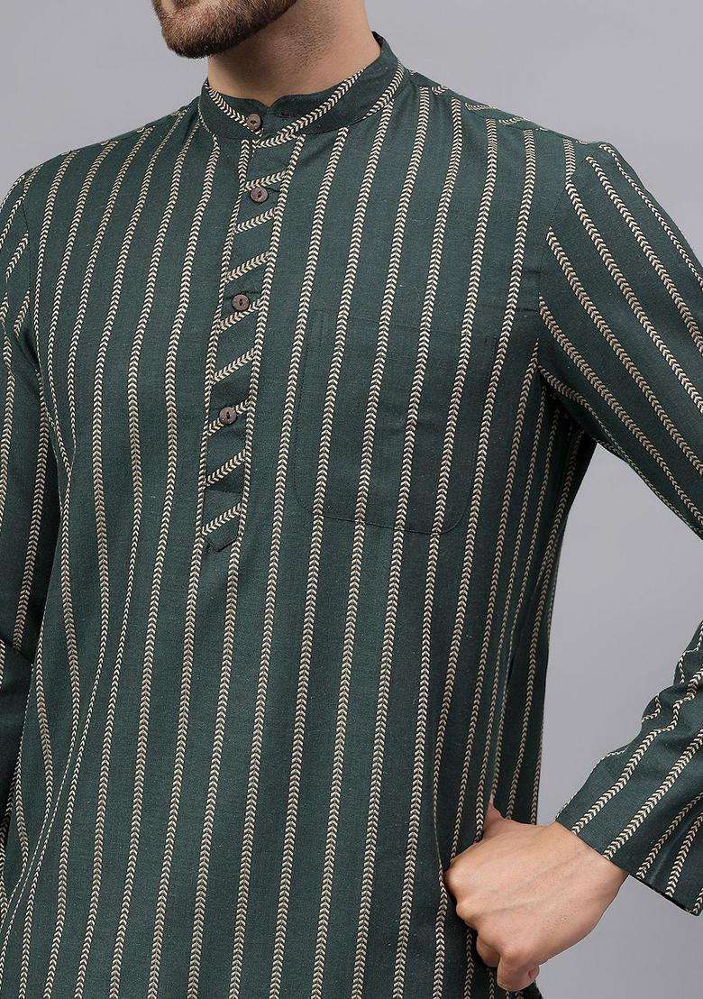 Green Striped Cotton Kurta Set For Men - Indya
