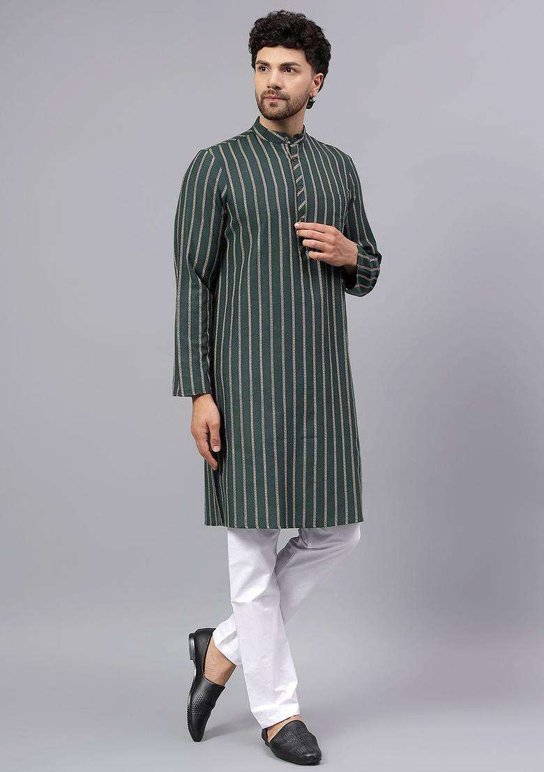 Green Striped Cotton Kurta Set For Men - Indya