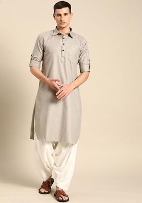 Grey Solid Cotton Kurta Set For Men
