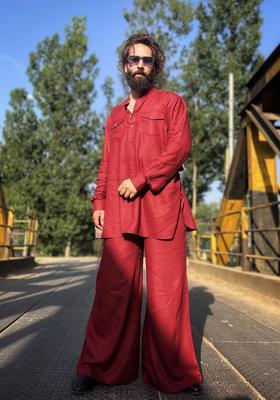 Maroon Solid Viscose Kurta Set For Men