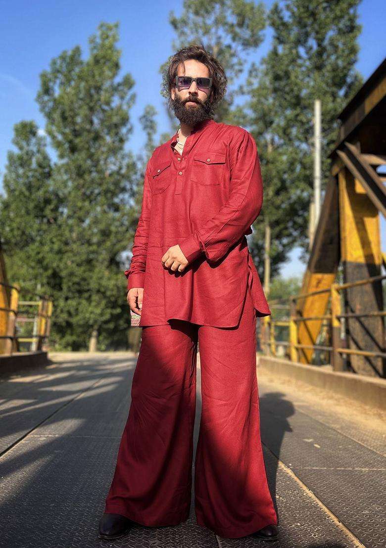 Maroon Solid Viscose Kurta Set For Men - Indya