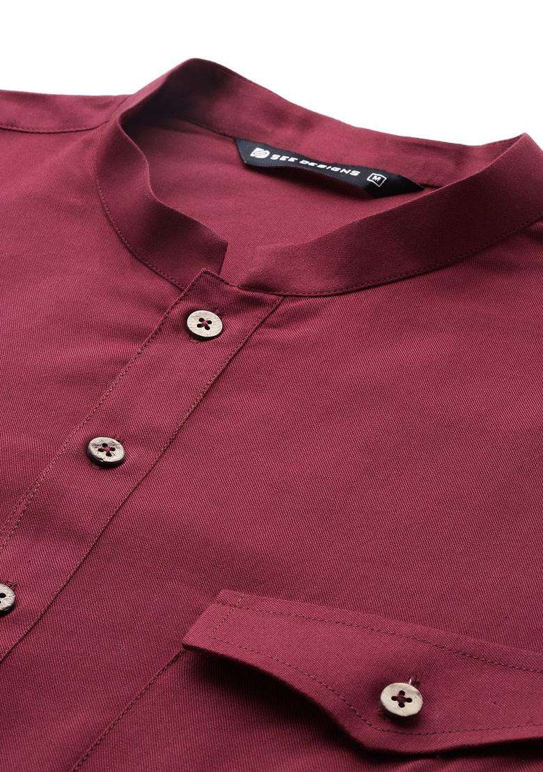 Maroon Solid Viscose Kurta Set For Men - Indya