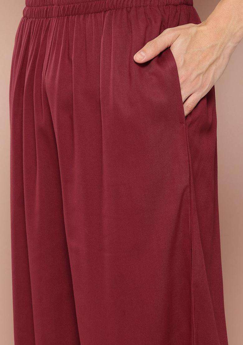 Maroon Solid Viscose Kurta Set For Men - Indya