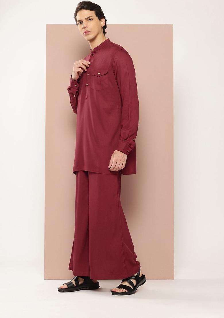 Maroon Solid Viscose Kurta Set For Men - Indya