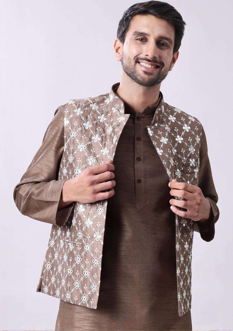 Brown Solid Viscose Kurta Set For Men - Indya