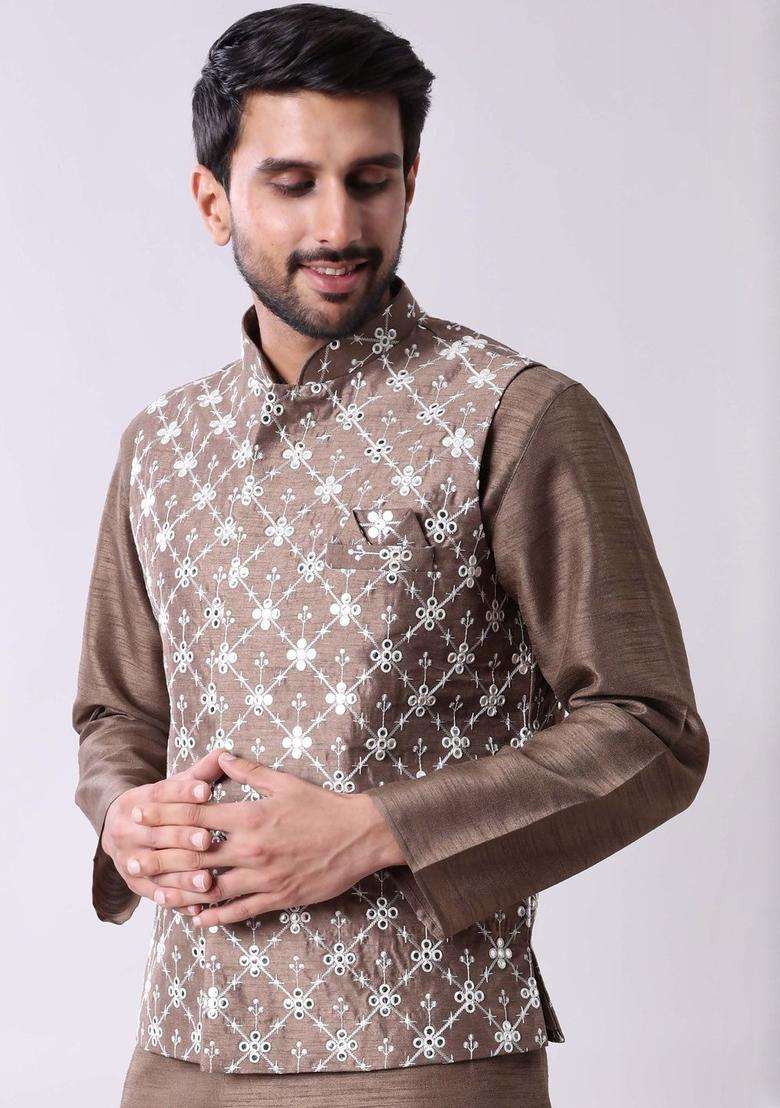 Brown Solid Viscose Kurta Set For Men - Indya