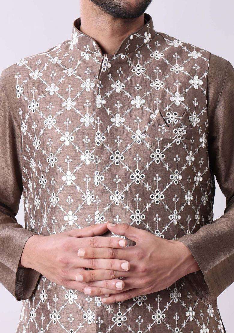 Brown Solid Viscose Kurta Set For Men - Indya