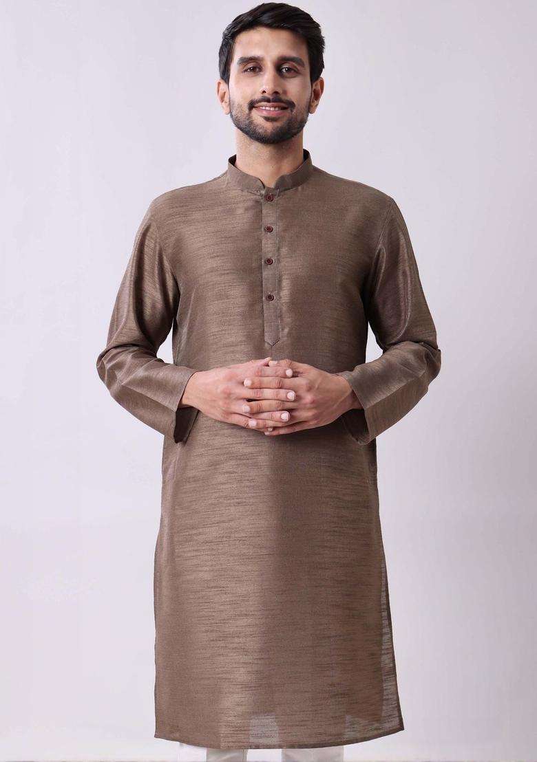 Brown Solid Viscose Kurta Set For Men - Indya