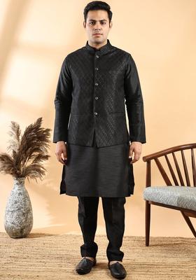 Black Solid Silk Kurta Set For Men