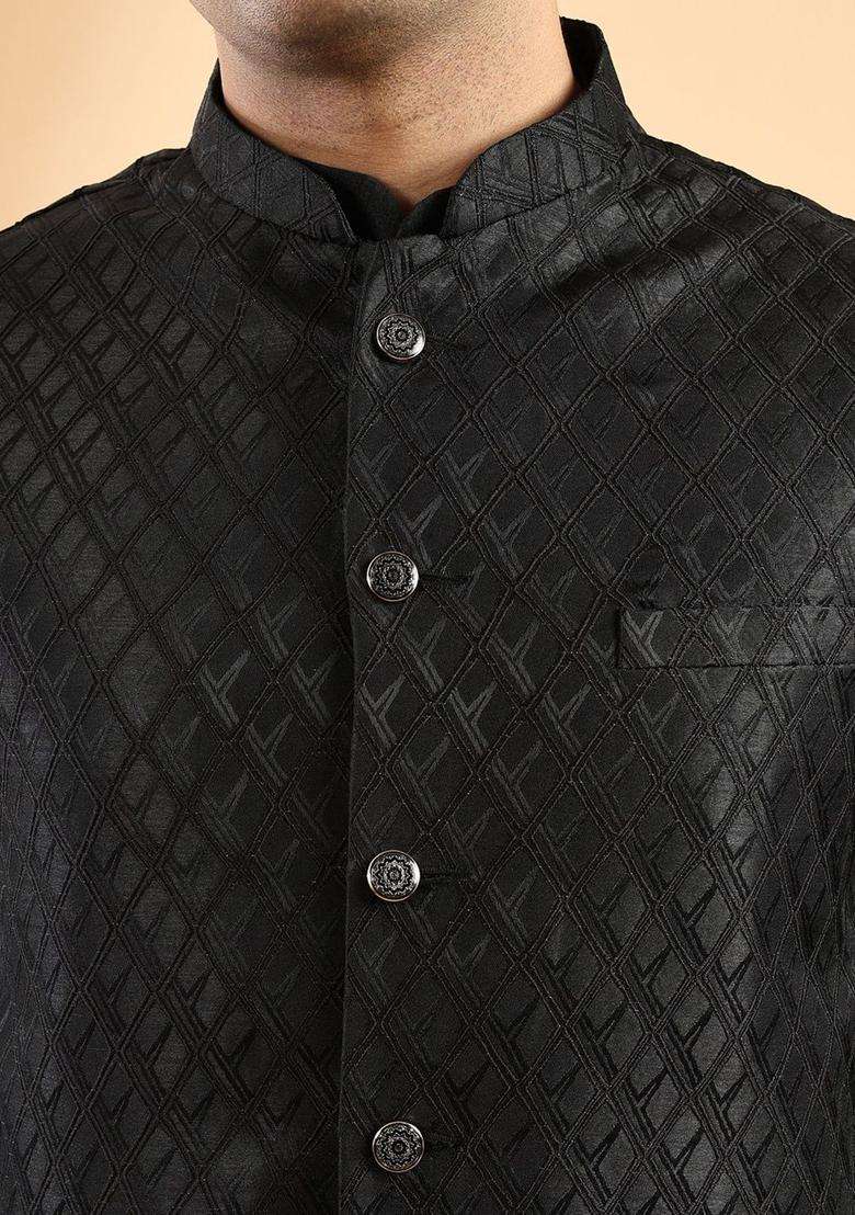 Black Solid Silk Blend Kurta Set For Men - Indya
