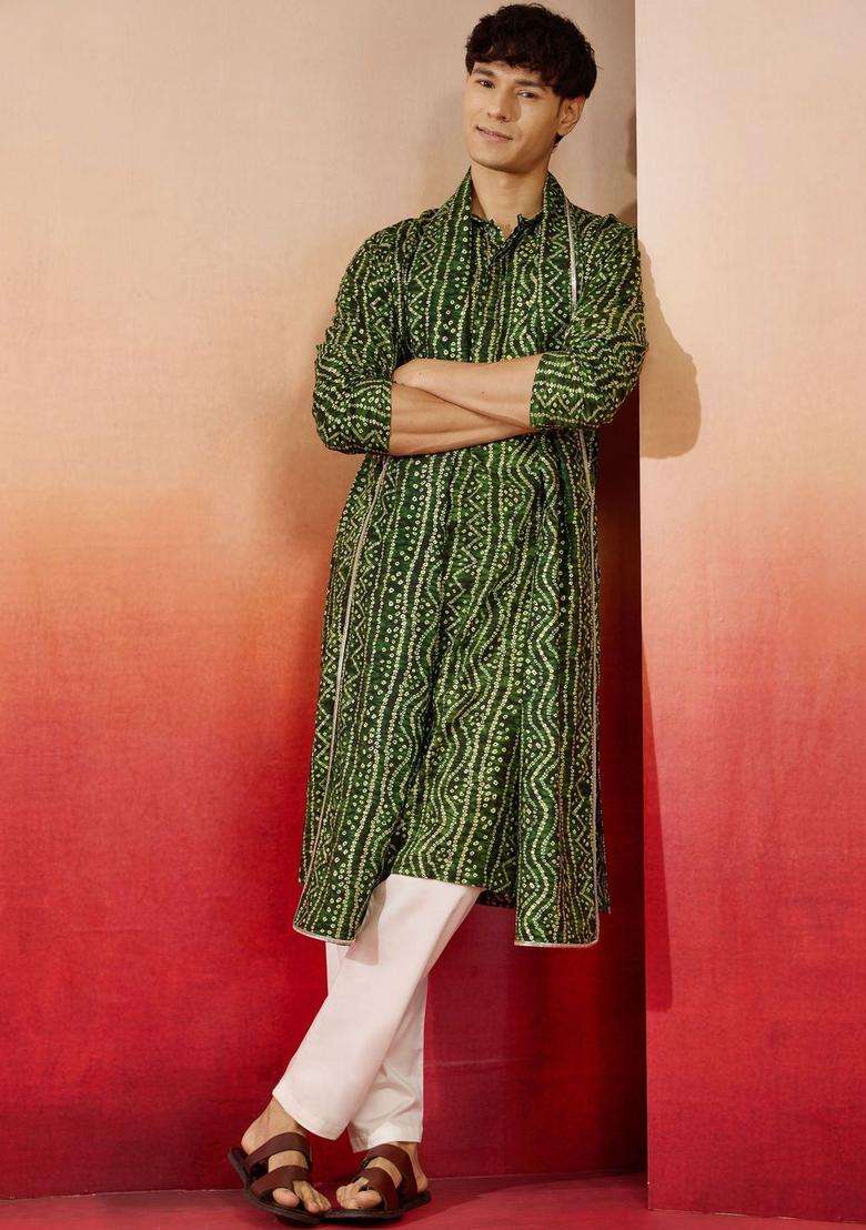 Green Printed Viscose Kurta Set For Men - Indya