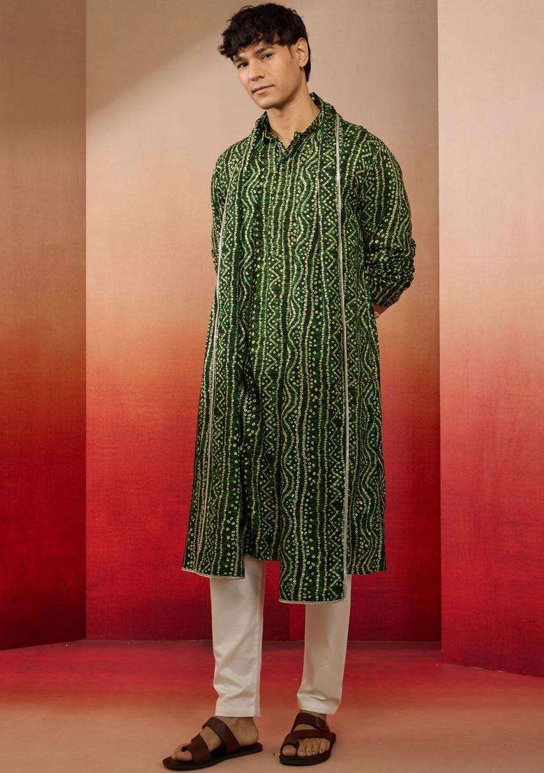 Green Printed Viscose Kurta Set For Men - Indya