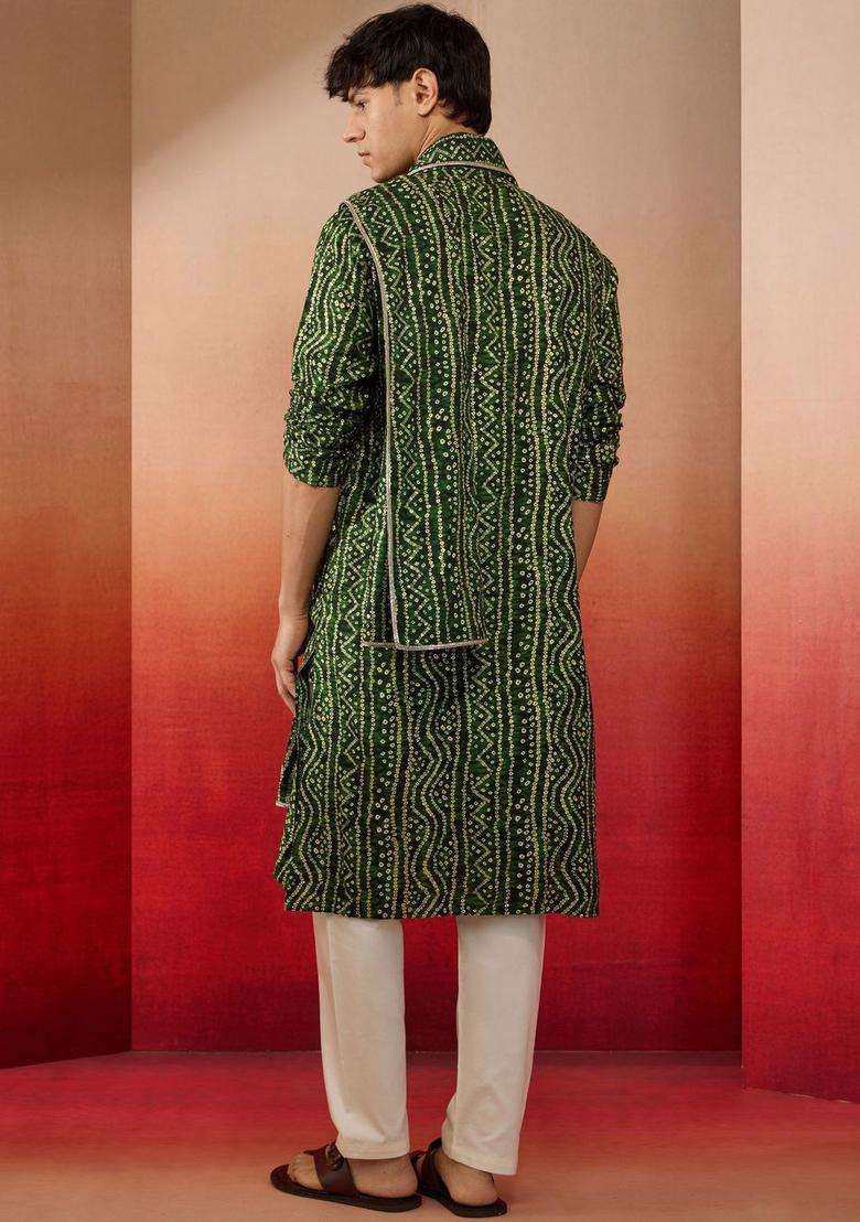 Green Printed Viscose Kurta Set For Men - Indya