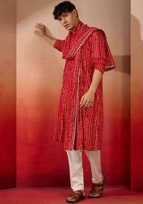 Red Printed Viscose Kurta Set For Men