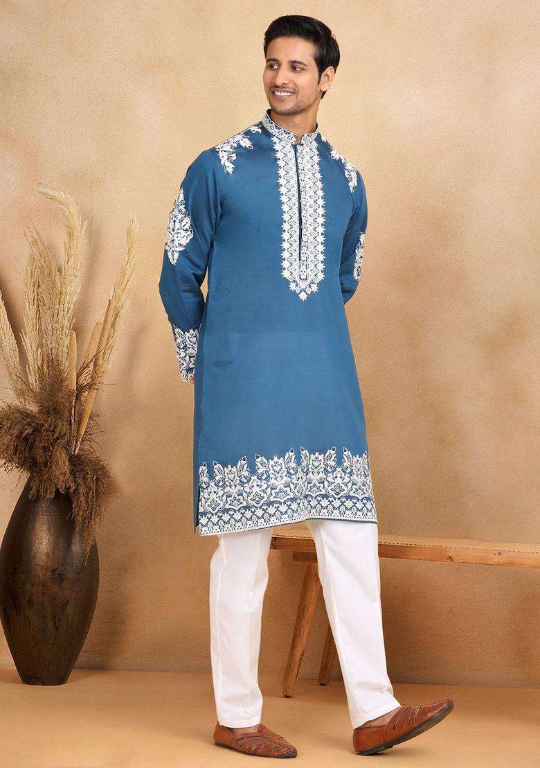 Blue Embroidered Silk Blend Kurta Set For Men - Indya