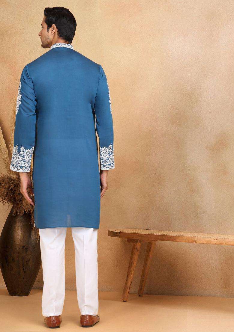 Blue Embroidered Silk Blend Kurta Set For Men - Indya