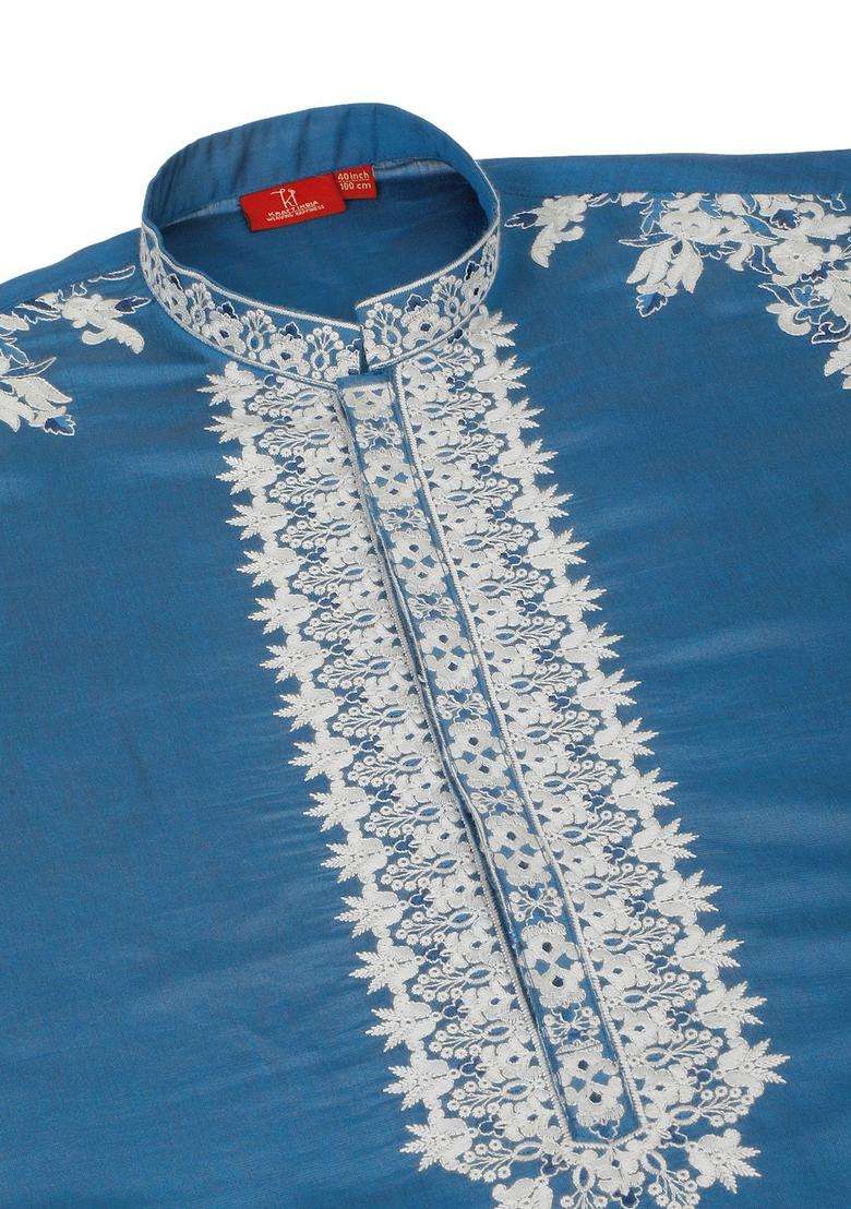 Blue Embroidered Silk Blend Kurta Set For Men - Indya