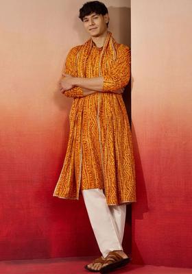 Orange Printed Viscose Kurta Set For Men