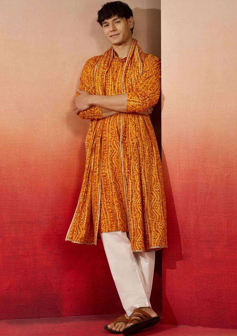 Orange Printed Viscose Kurta Set For Men - Indya
