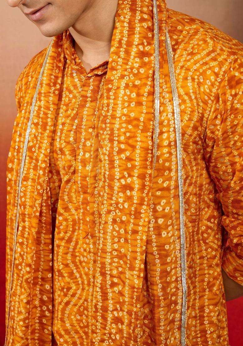 Orange Printed Viscose Kurta Set For Men - Indya