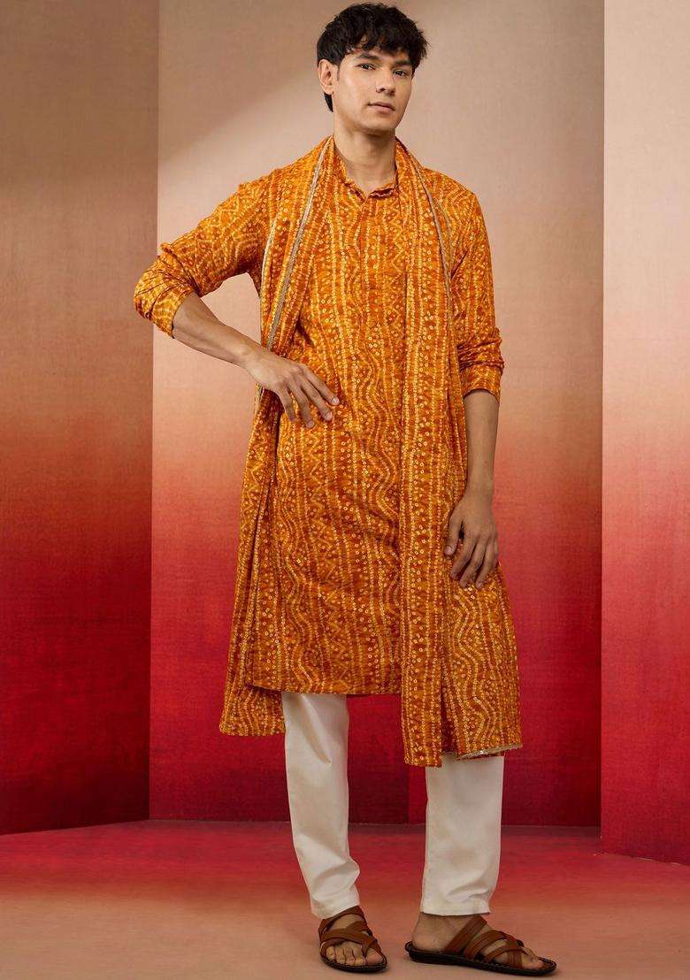 Orange Printed Viscose Kurta Set For Men - Indya