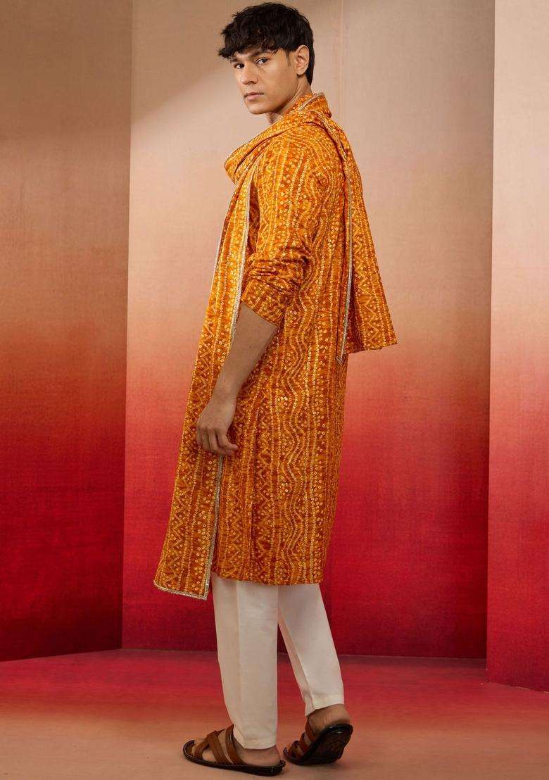 Orange Printed Viscose Kurta Set For Men - Indya