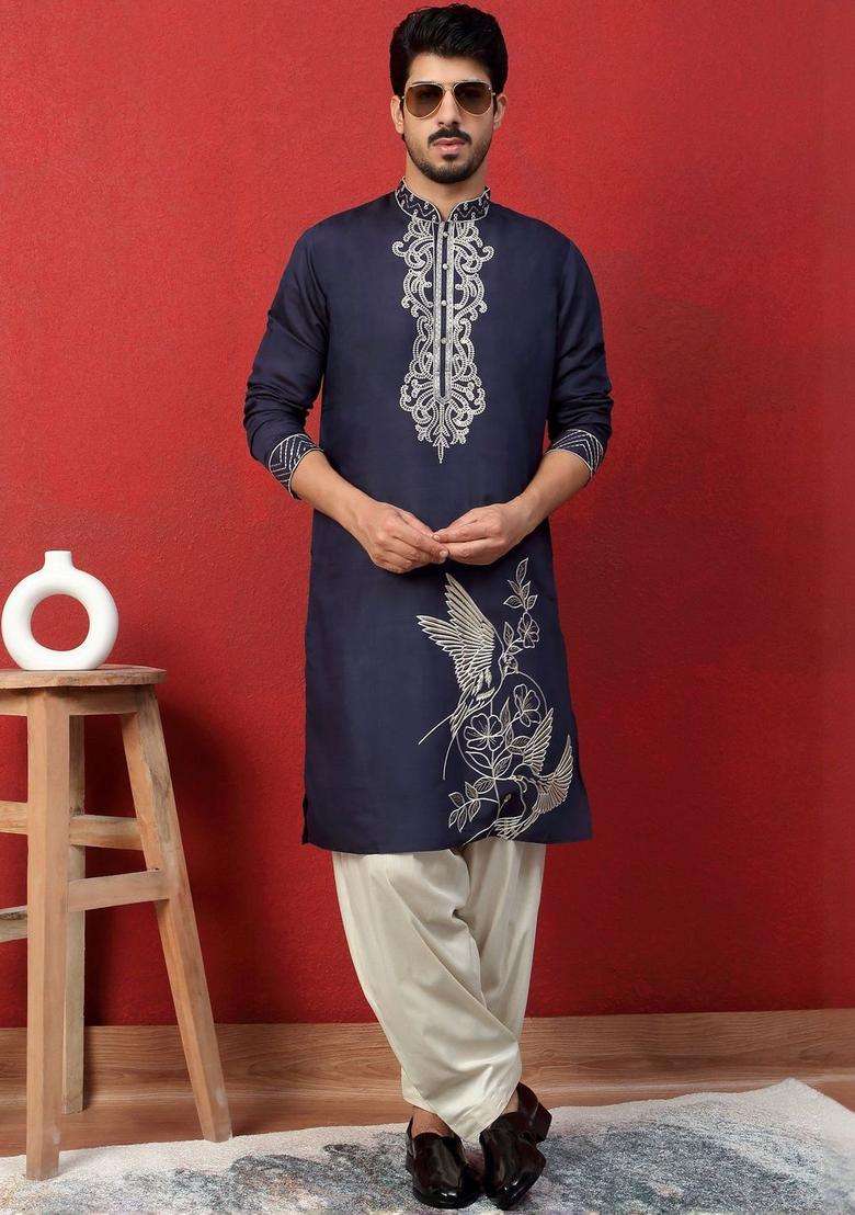 Navy Blue Embroidered Silk Blend Kurta Set For Men - Indya