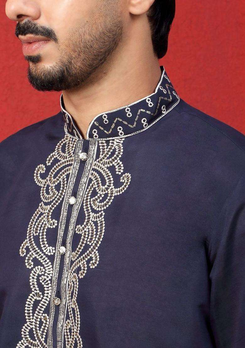 Navy Blue Embroidered Silk Blend Kurta Set For Men - Indya