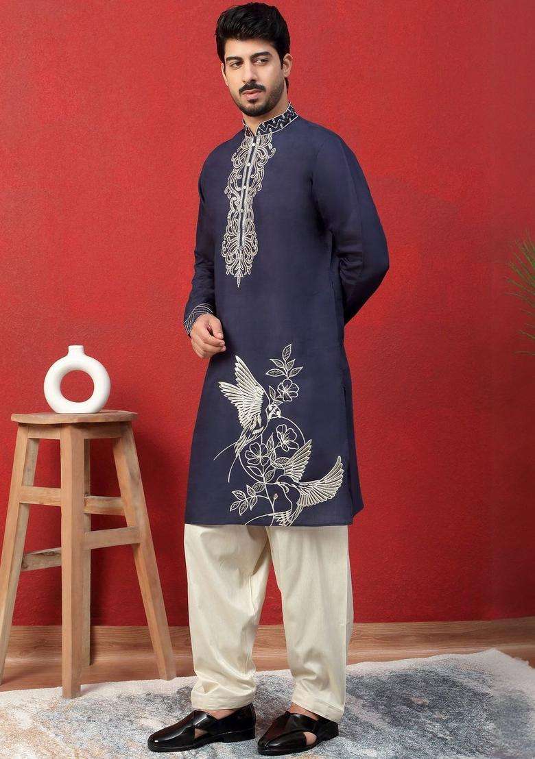 Navy Blue Embroidered Silk Blend Kurta Set For Men - Indya