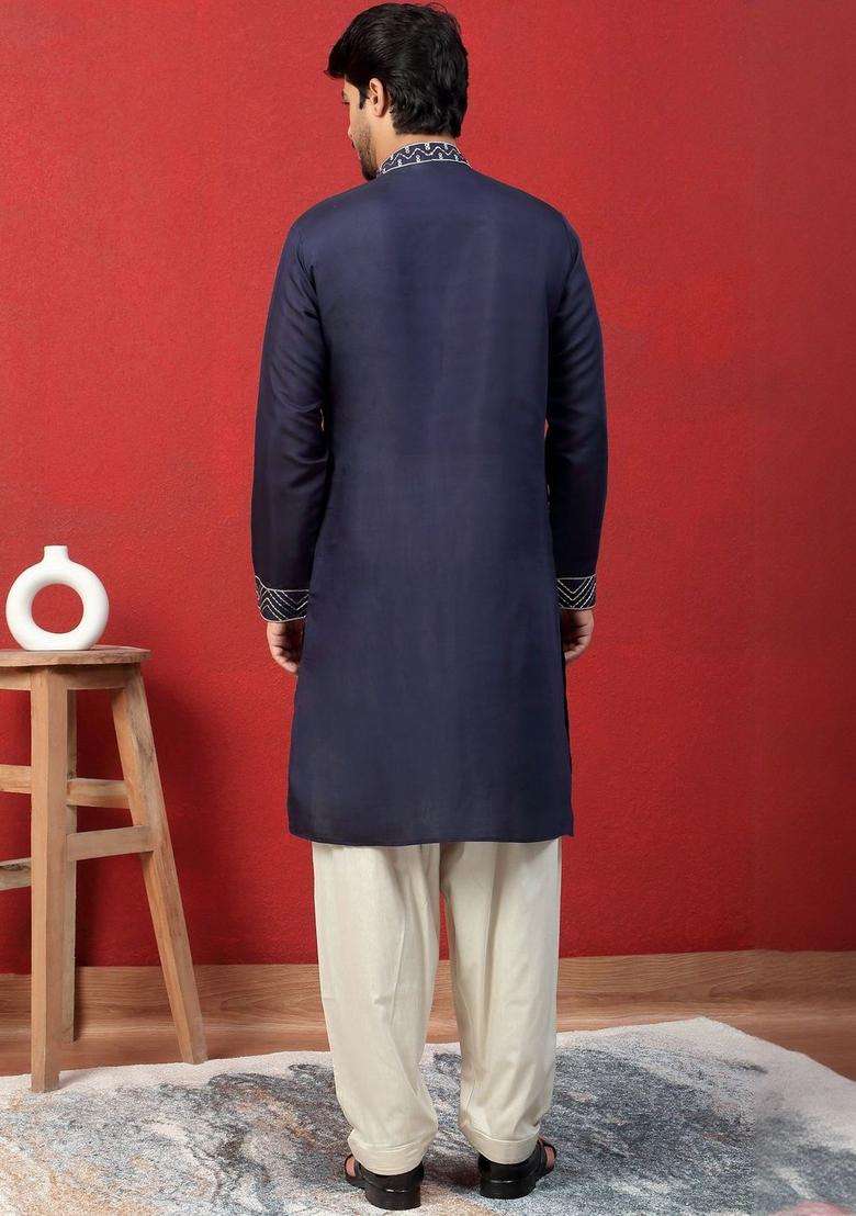 Navy Blue Embroidered Silk Blend Kurta Set For Men - Indya