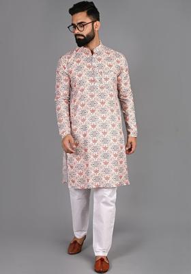 Off White Printed Cotton Kurta Set For Men