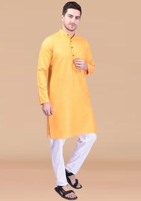 Yellow Solid Cotton Kurta Set For Men