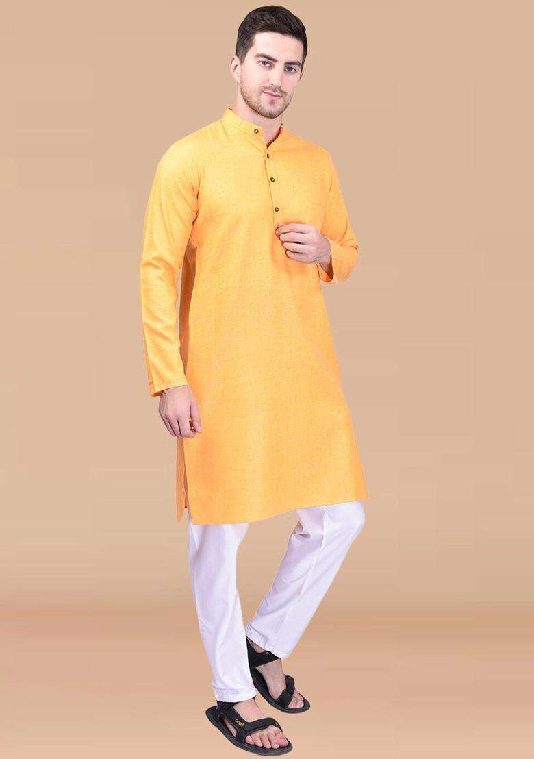 Yellow Solid Cotton Kurta Set For Men - Indya