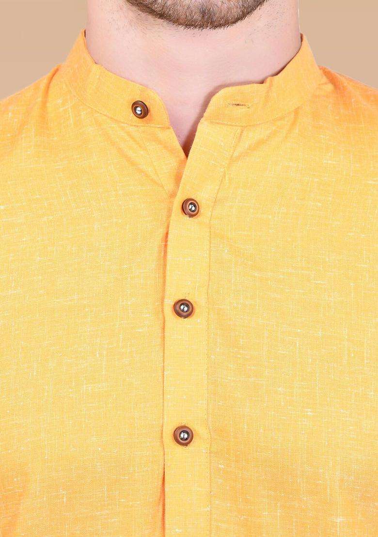 Yellow Solid Cotton Kurta Set For Men - Indya