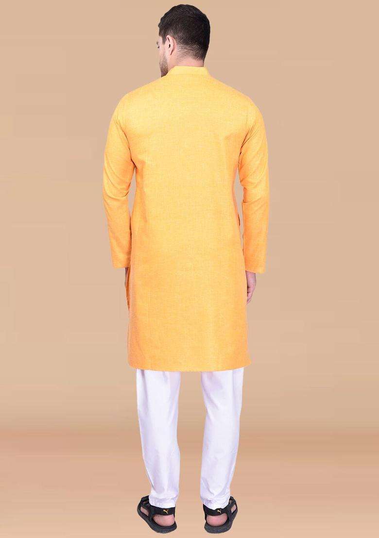 Yellow Solid Cotton Kurta Set For Men - Indya
