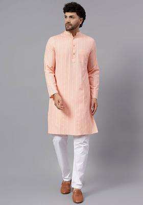 Peach Striped Cotton Kurta Set For Men